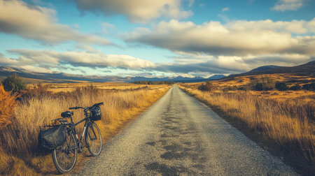A bicycle parked beside a long, empty road leading into a remote mountain range.の素材