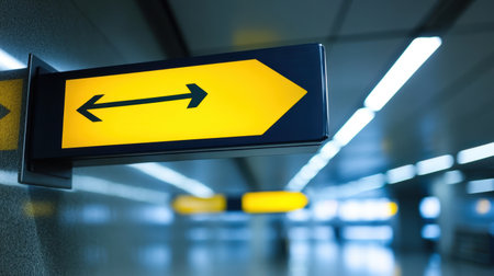 A close-up of an airport sign with directional arrows pointing to different terminal gates.の素材