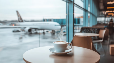 A coffee shop inside an airport terminal with a steaming cup of coffee on a table by the window.の素材