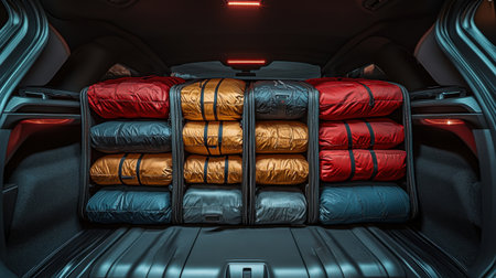 A collection of travel bags neatly stacked inside a car trunk, ready for a road trip.の素材