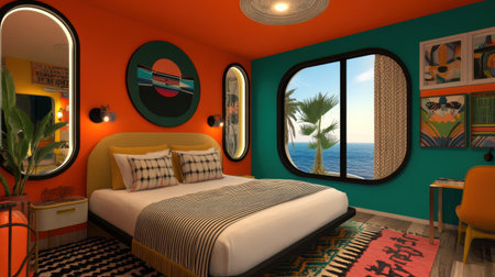 A cozy cruise ship suite with a king-size bed, stylish decor, and a large window overlooking the sea.の素材