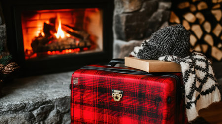 A cozy travel scene with a suitcase beside a fireplace, ready for a winter trip.の素材