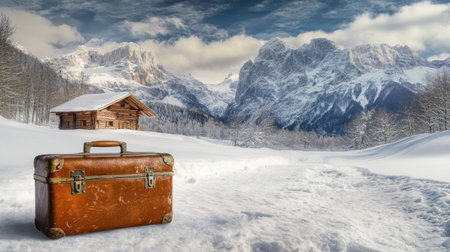 A cozy winter travel scene with a suitcase beside a snowy mountain lodge.の素材
