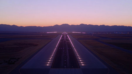 A dramatic shot of a long airport runway stretching toward the horizon at dusk.の素材