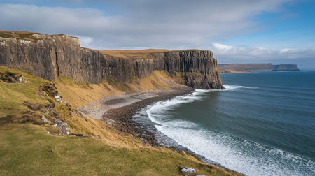 A dramatic coastal cliffside with waves crashing against the rocky shore.の素材