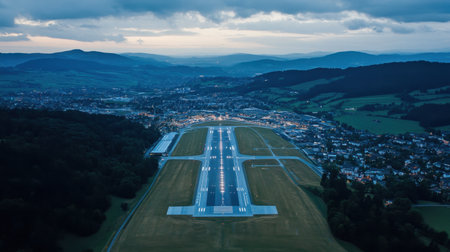A dramatic shot of a long airport runway stretching toward the horizon at dusk.の素材