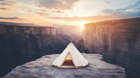 A high-altitude tent pitched on a rocky ledge, overlooking a vast canyon.の素材