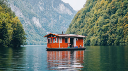 A floating houseboat on a peaceful lake surrounded by towering mountains.の素材