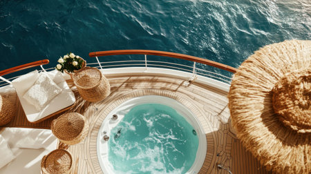 A luxurious cruise ship suite with an open-air terrace and a private bathtub overlooking the ocean.の素材