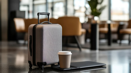A modern carry-on suitcase beside a coffee cup and laptop in a quiet airport lounge.の素材