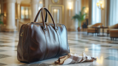 A luxury leather travel bag placed on a hotel lobby floor, waiting for check-in.の素材