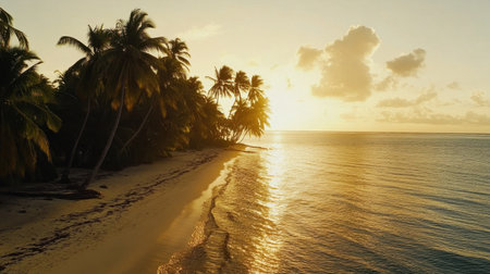 A peaceful sunrise over a secluded beach, golden light reflecting off the calm ocean waters.の素材
