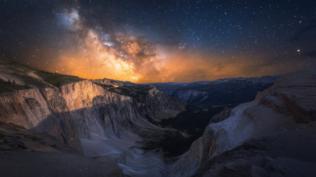 A night sky filled with stars over a quiet mountain valley.の素材