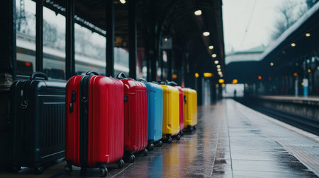 A row of different-sized suitcases lined up at a train station platform, waiting for departure.の素材