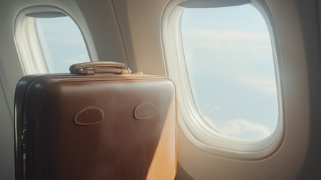 A scenic travel moment featuring a suitcase placed near an open airplane window.の素材