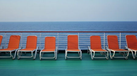 A row of empty lounge chairs on a cruise ship deck, facing the endless blue horizon.の素材
