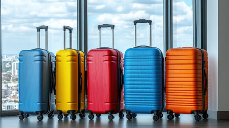 A set of colorful travel suitcases neatly arranged next to a large window overlooking a city skyline.の素材