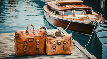 A set of well-used travel bags sitting on a dock beside a small boat.の素材