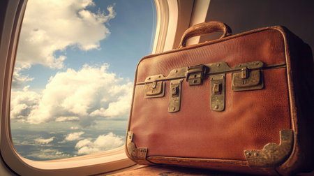 A scenic travel moment featuring a suitcase placed near an open airplane window.の素材