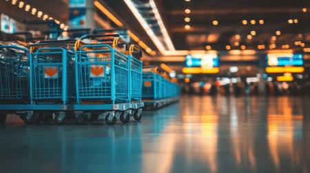 A row of neatly arranged airport trolleys in a baggage claim area.の素材