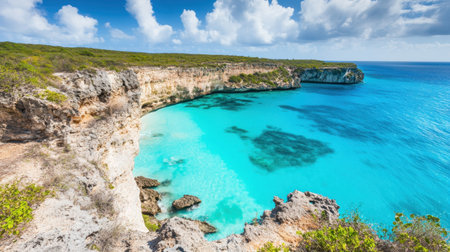 A scenic view from a beachside cliff, overlooking a cove with turquoise waters and soft waves.の素材