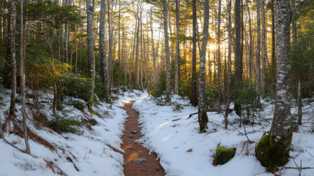 A snow-covered hiking trail winding through a dense pine forest with golden sunlight.の素材