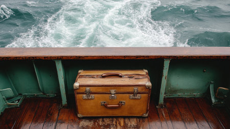 A single suitcase sitting on a ferry deck with ocean waves in the background.の素材