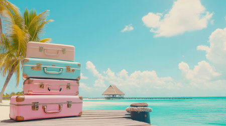 A stack of pastel-colored suitcases resting on a wooden dock beside a tropical island.の素材