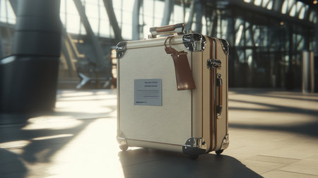 A stylish suitcase standing upright on an airport floor with a boarding pass resting on top.の素材