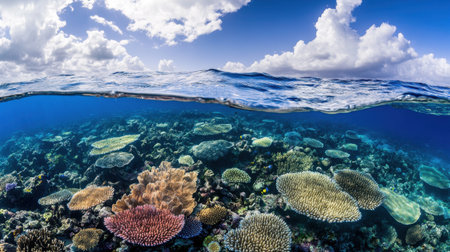 A stunning view of a coral reef from above, with clear waters revealing marine life.の素材