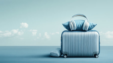 A stylish suitcase with a travel pillow and headphones placed on top, ready for a long flight.の素材