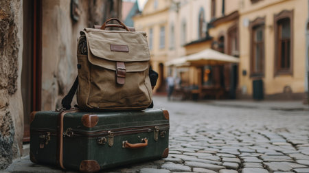 A stylish backpack sitting on top of a suitcase beside a cobblestone street.の素材