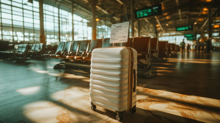 A stylish suitcase standing upright on an airport floor with a boarding pass resting on top.の素材