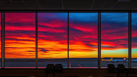 A vibrant sunset view through an airport window, with airplanes parked at their gates.の素材