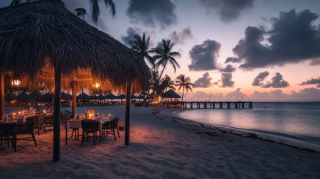 Romantic resort dinner setup on the beach, candlelit tables arranged under a thatched-roof gazebo.の素材