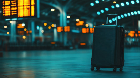 A black rolling suitcase positioned next to an airport departure sign with a blurred background.の素材