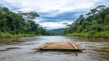 A wooden raft floating down a slow-moving jungle river surrounded by dense foliage.の素材