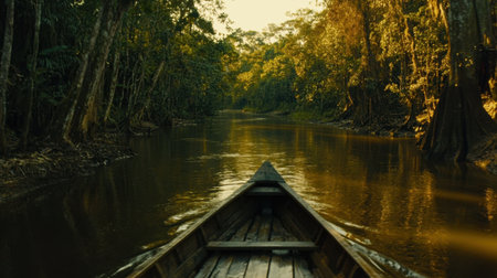 A wooden raft floating down a slow-moving jungle river surrounded by dense foliage.の素材