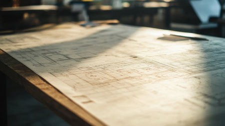 Architectural drawings and D renderings side-by-side on a designers drafting boardの素材