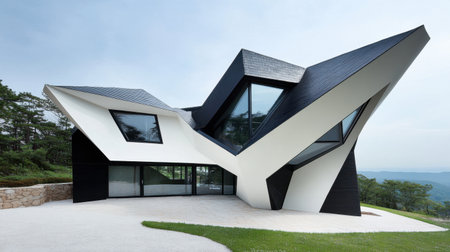 Angular black and white house with asymmetric design and natural stone elementsの素材