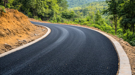 A newly paved road winding through a rural area with visible drainage and gradingの素材