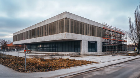 A partially completed office building with concrete structure and scaffolding around the exterior wallsの素材