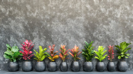 A line of potted tropical plants against a textured concrete wall in an urban gardenの素材