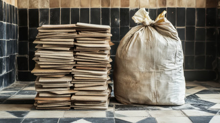 A neat stack of dry stone tiles placed beside a fresh cement bag on the floorの素材