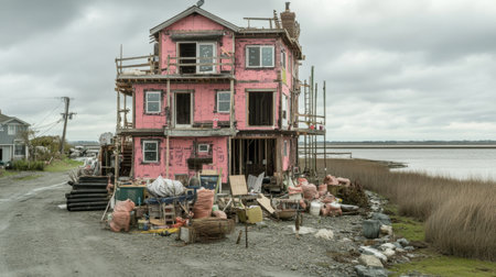 A partially built residential building with scaffolding and construction materials piled around itの素材