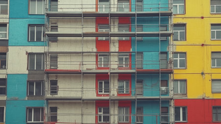 A partially built residential building with scaffolding and construction materials piled around itの素材