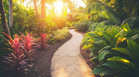 A serene tropical garden pathway surrounded by palms, ferns, and bright bromeliads in soft golden hour lightingの素材