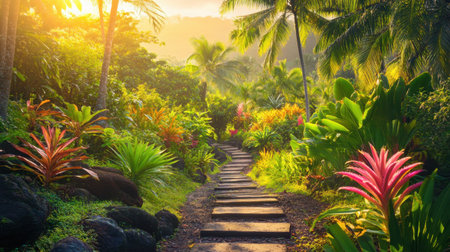 A serene tropical garden pathway surrounded by palms, ferns, and bright bromeliads in soft golden hour lightingの素材