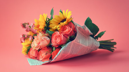 Bouquet of sunflowers and roses wrapped in newspaper on a bubblegum pink background, cheerful moodの素材