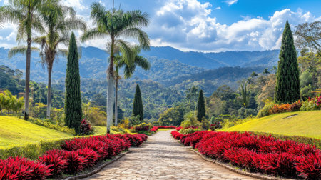Botanical garden with tropical flora arranged along a stone pathway, captured in bright daylightの素材